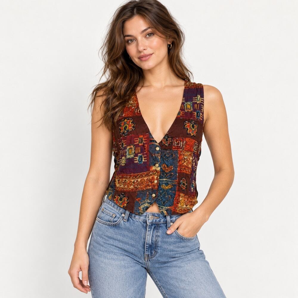 NWT Vintage 90s Thums Up Beaded Rayon Vest Abstract Boho M